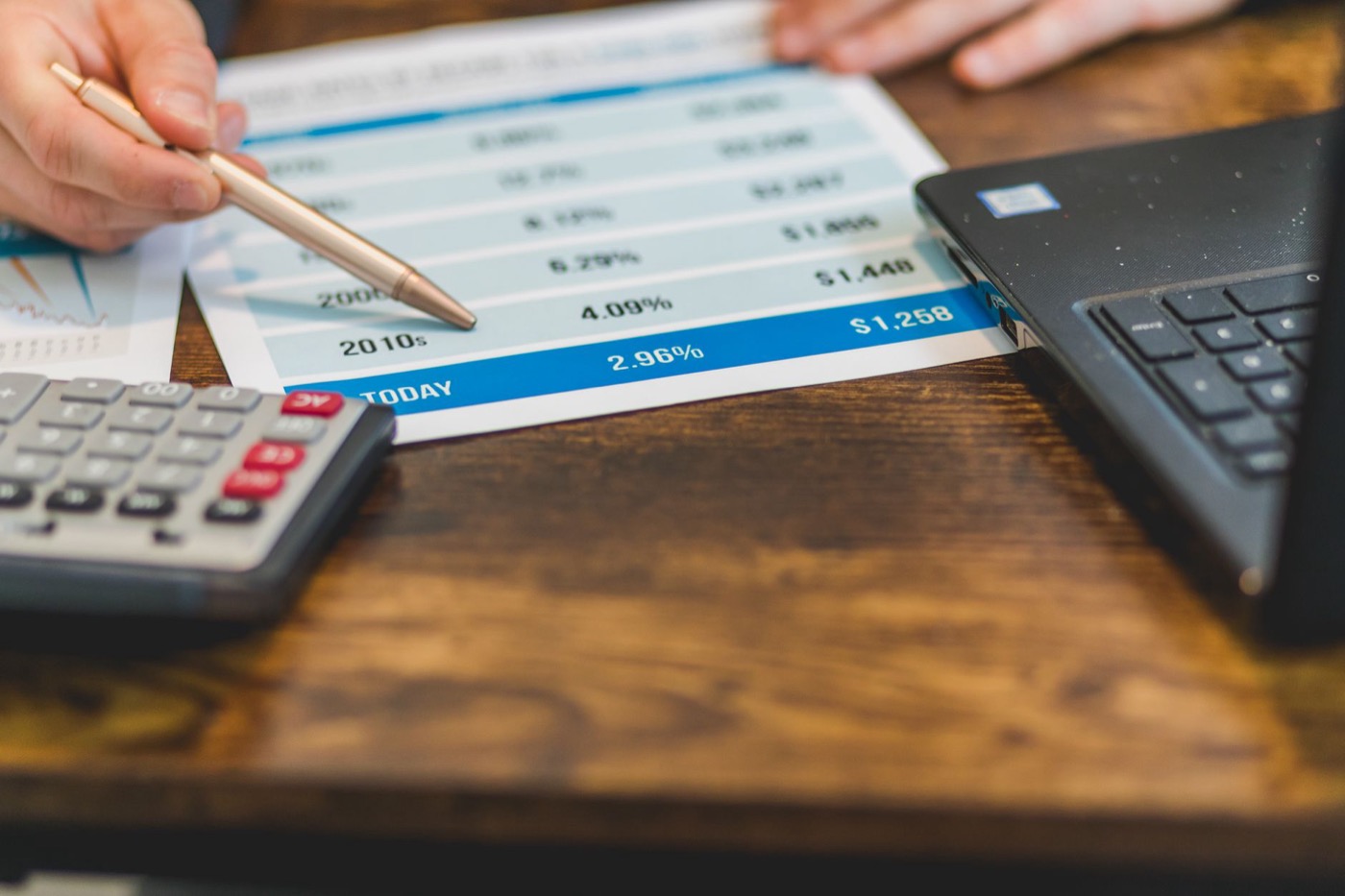 Close-up of a hand with pen analyzing financial rates on paper with a calculator and laptop nearby.