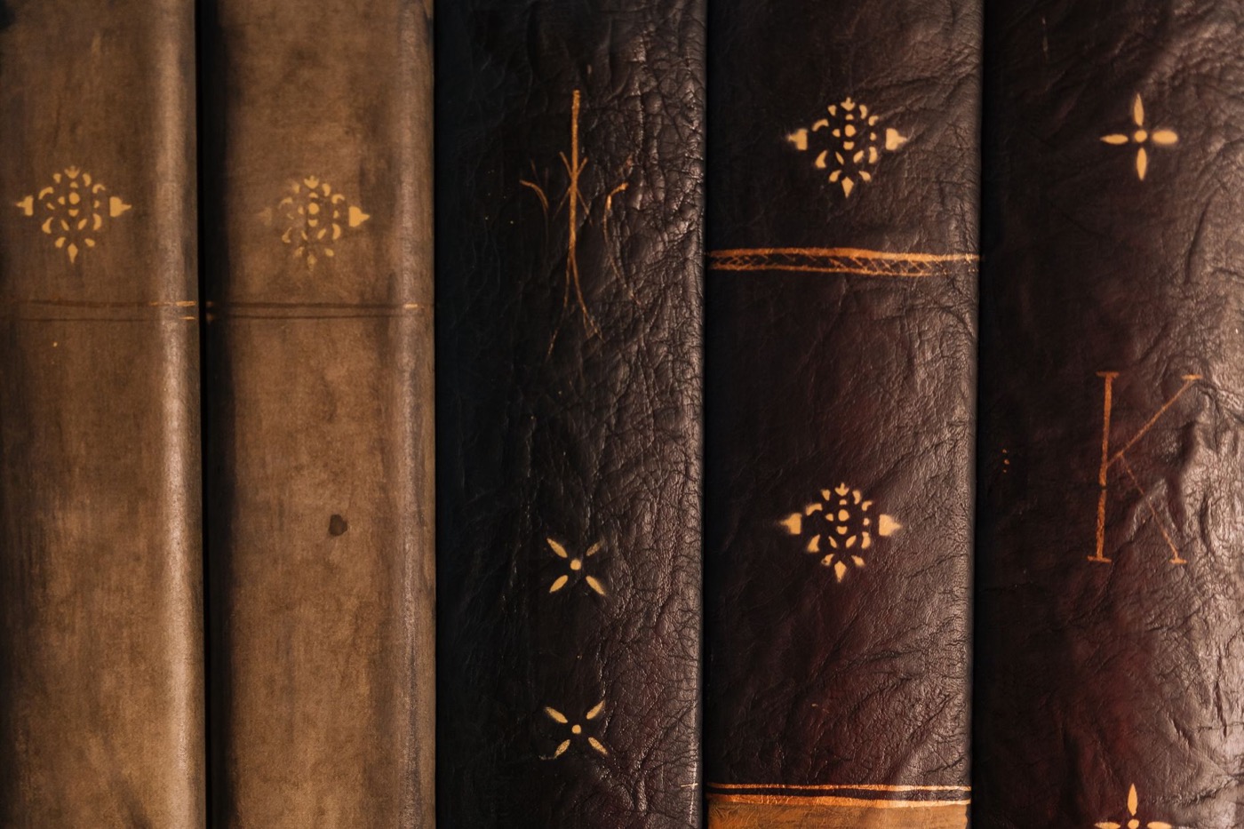 Detailed view of vintage leather-bound books with ornamental designs on spines.