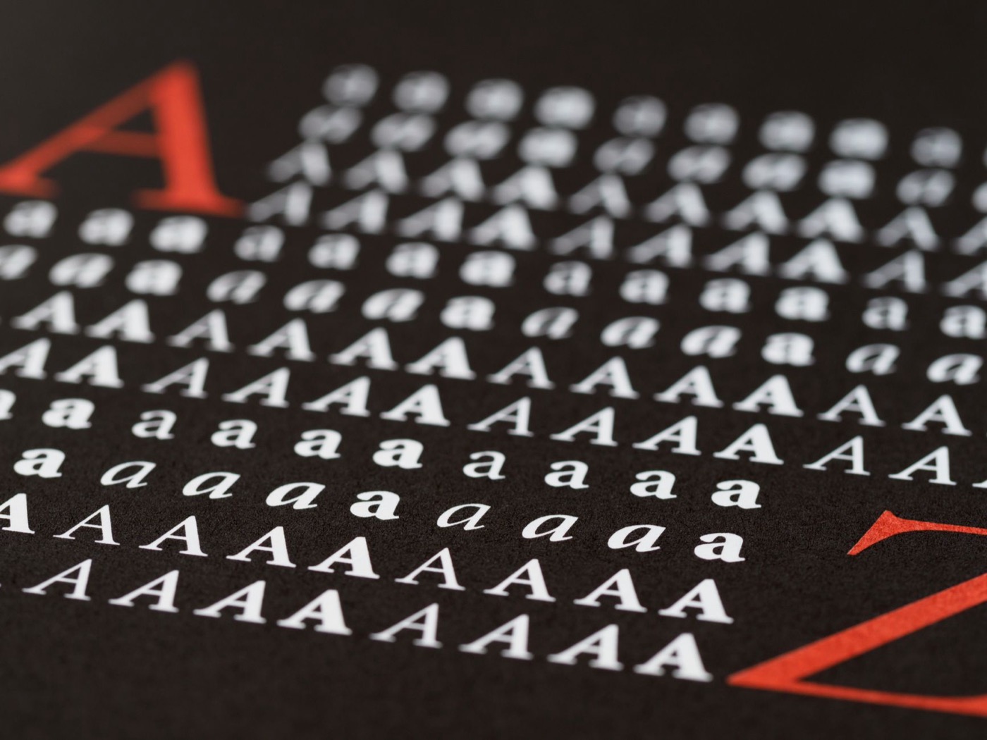 Close-up image showcasing various styles of the letter A in print, emphasizing typography diversity.
